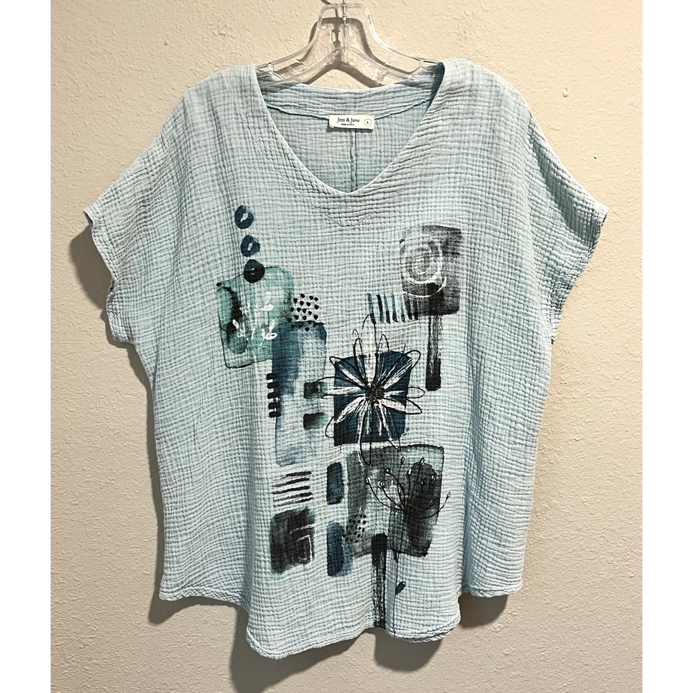 Jess & Jane Tunic Top Women's Large Blue Cotton Gauzy Floral Mineral Wash USA